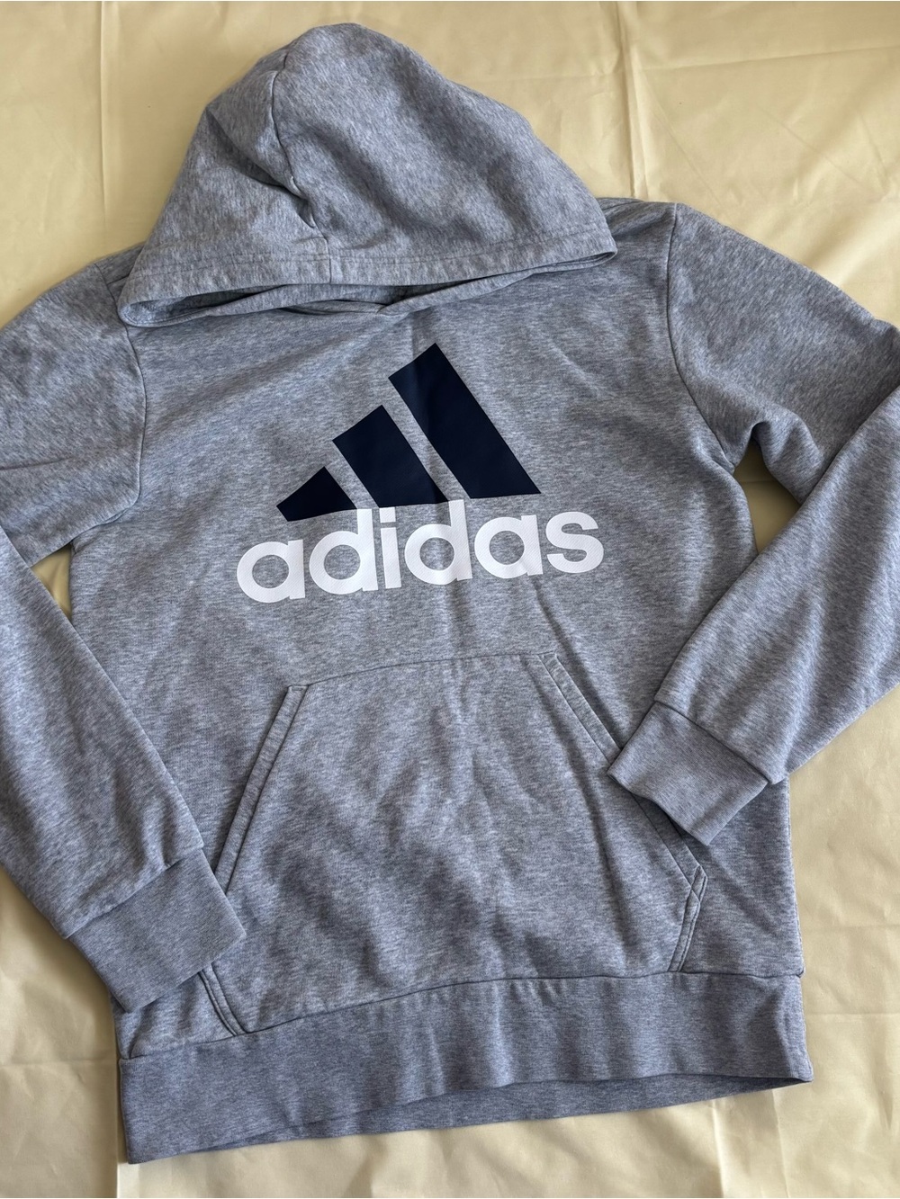 Adidas Men’s Medium Heather Gray Hoodie with Navy and White Logo